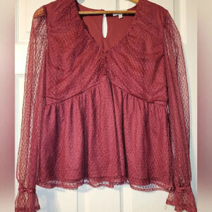 Calligraphie Burgundy Red Lacy‎ Sheer Babydoll Empire Waist Blouse Size Large